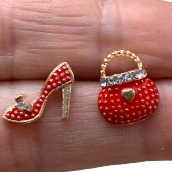 Mismatched Red Stiletto & Handbag Studs - Gold Tone Pavé Fashion Earrings - Picture 1 of 10